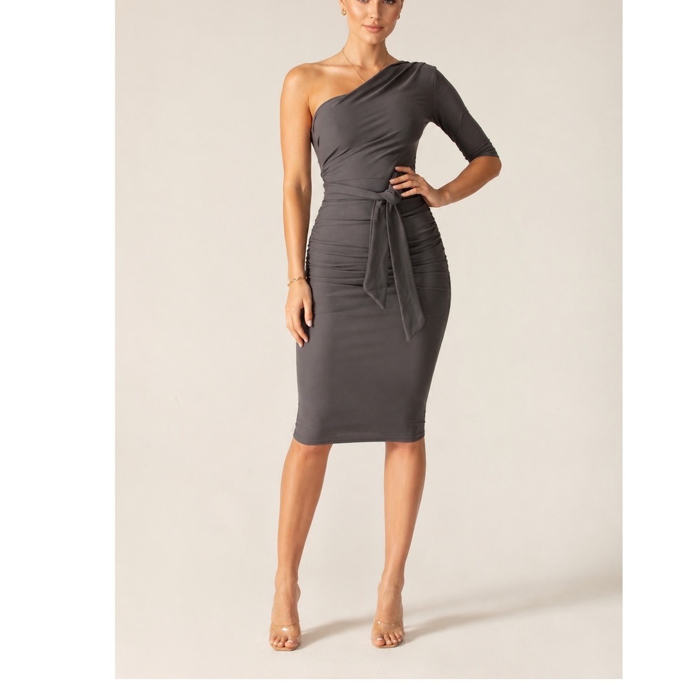 ALIAVA Alieva Dolly Gray Midi Dress One Shoulder Ruched Bodycon Belted  XL